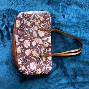 Source Unknown Purple Floral Tote with Brown Straps